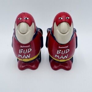 Budweiser Bud Man Salt And Pepper Shakers 1991 Vintage Genuine Blue Cape Used